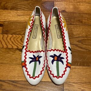 Vintage Palm Tree Flats White Loafers 80s 90s Colorful Tropical Low Heel Shoes